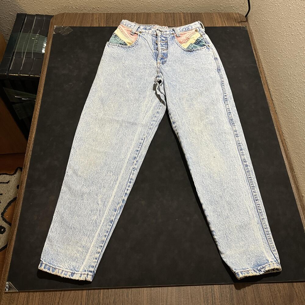 Vintage Zena Jeans Womens 29 Blue Acid Wash Mom Jeans High Rise Colorblock 90s